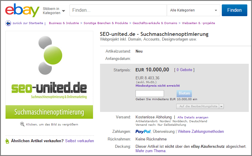 Screenshot der eBay Auktion