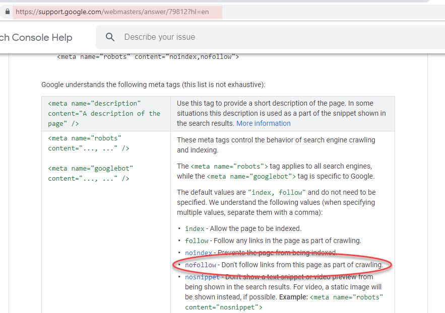 Google Meta Robots Nofollow